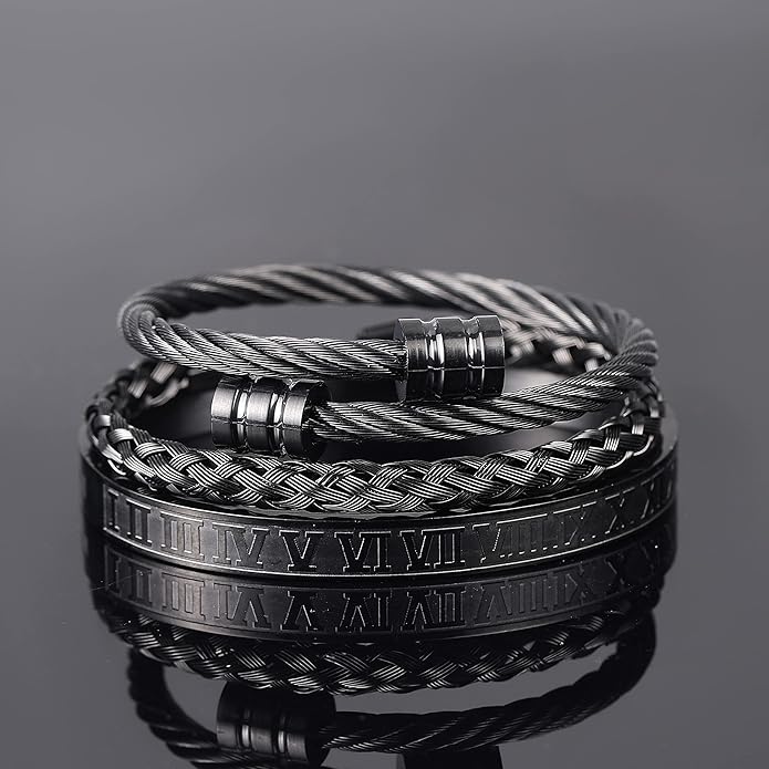 WFYOU 3PCS Stainless Steel Bracelets for Men Gold Roman Numeral Bangle Bracelet Twisted Cable Bracelet Adjustable Cuff Bracelet Mens Luxury Jewelry Bracelets Gifts