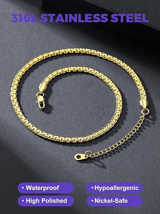 Richsteel Stainless Steel Mens Flat Link Chain Necklace, Black/Gold/Steel Chain for men, 2mm/4mm/6mm Width, No Tarnish & Hypoallergenic Hip Hop Jewelry, 18"-30" Length