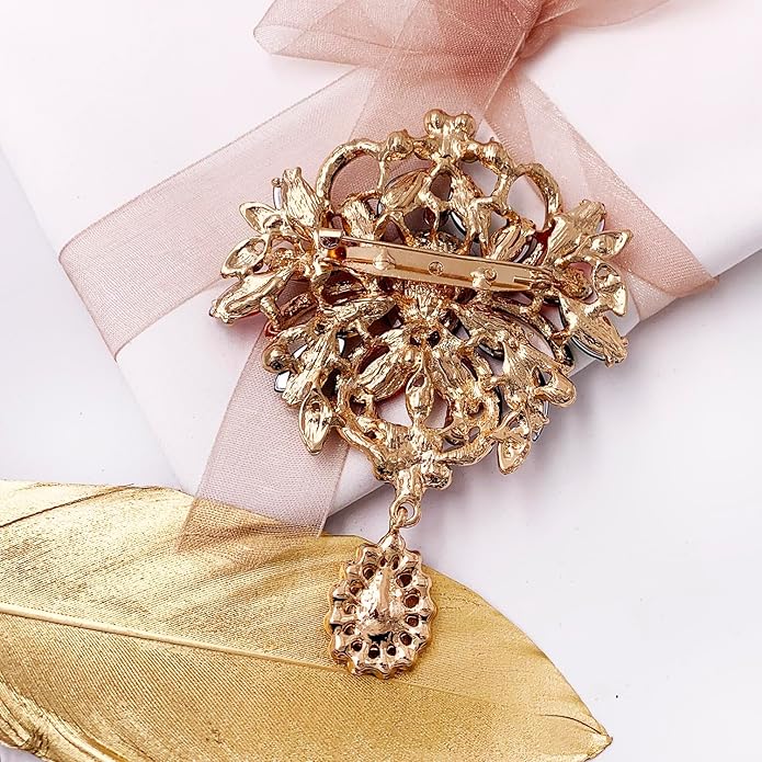 LAXPICOL Wedding Bridal Big Brown Crystal Rhinestone Bouquet Brooch Pin for Women Golden Tone