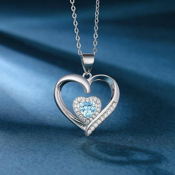 GLIVEOR Heart Birthstone Necklace for Women,S925 Sterling Silver Necklace Birthstone Necklace Heart Necklace for Women Birthday Jewelry Gifts for Women