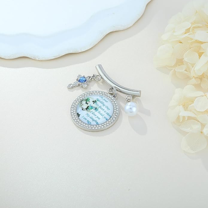 Wedding Bridal Pin, Something Blue Silver Crystal Brooch with Blue Heart Charm, Pearl Accent and Sentimental Message for Mother of Bride Gift