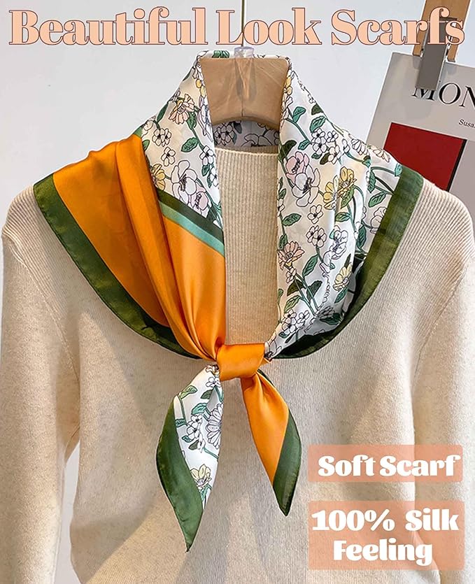 kcctoo 27.5" Mulberry Silk Feeling Head Scarf Women's Fashion Square Neck Satin Scarfs for Bag Hair Scarves Gift