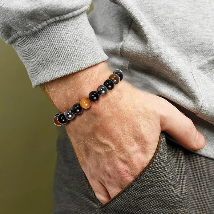 RANKEEF Mens Bead Bracelet Set - Adjustable Elastic Rope With 6&8MM Natural Stone Multi-Colored Beads - Tiger Eye Bracelets for Men - Gift