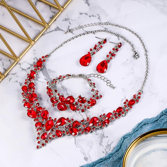 BriLove Wedding Bridal Jewelery for Women Austrian Crystal Teardrop Cluster Statement Necklace Dangle Earrings Link Bracelet Set