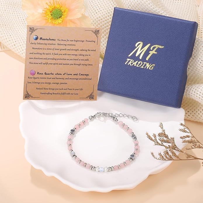 Moonstone Beaded Bracelet for Women - Calming & Empowering Healing Crystal Jewelry, Adjustable Chakra Balancing Gift for Mom, Sister, Daughter - Birthday Christmas