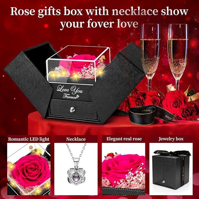 Preserved Dark Pink Real Rose with Heart I Love You Necklace -Eternal Flowers Rose Birthday Gifts for Women Her Mom Wife Girlfriend Grandma on Valentines Mothers Day Christmas Anniversary Romantic