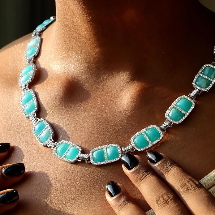 Chunky Necklace for Women 12 Colors Diamond Stone Gold Statement Necklace for Women Full Trendy Blue Birthstone Choker Necklace for Women Square Design Necklace Jewelry