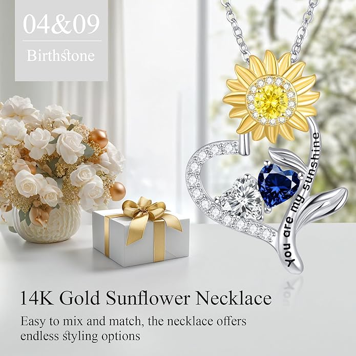 PERJI Valentine's Day Gifts for Women - 925 Sterling Silver Double Birthstone Sunflower Necklace, Anniversary Birthday Jewelry You are My Sunshine Gifts for Wife Couple Girlfriend 18"+2" Non Tarnish