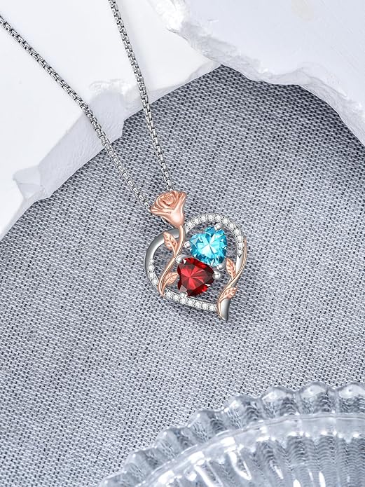 Christmas Gifts for Women Rose Heart Birthstone Pendant Necklace I Love You Forever Jewelry Valentine Mothers Day Birthday Gifts for Women Her Wife Girlfriend