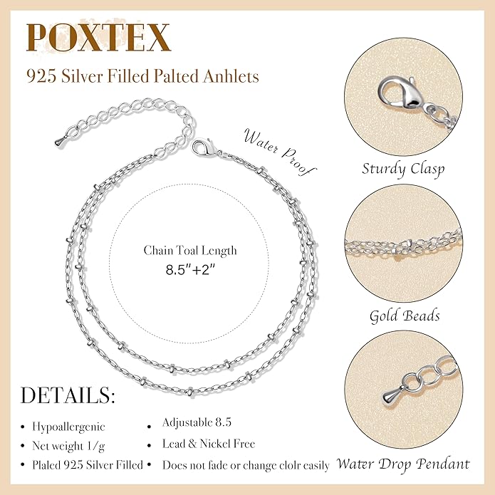 Sterling Silver Anklet Bracelets for Women Waterproof, 925 Sliver Plated CZ & Heart Charm Dainty Layer Anklets for Women Trendy, Simple Chain Anklets Set Gifts for Women, Jewelry Gifts for Her Women Mom Wife Girlfriend