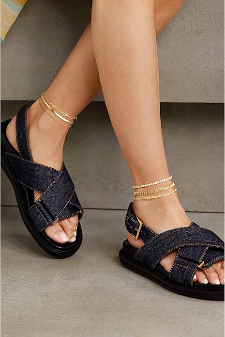 DEARMAY 14K Gold Plated Ankle Bracelets for Women Waterproof - Dainty 6Pcs Anklets Layered Cuban Link Chain Herringbone Cute Anklets Set Pack Summer Beach Jewelry Gift for Women Teen