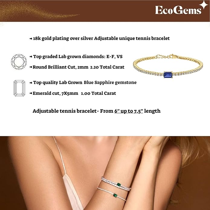 18K White/Yellow Gold Plated Silver Bracelet With Lab Grown Sapphire/Emerald/Ruby Surrounded With Lab Grown Diamond/Moissanite, Bracelet For Women Comes With Gift Box