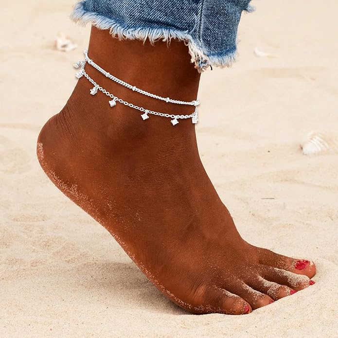Sterling Silver Anklet Bracelets for Women Waterproof, 925 Sliver Plated CZ & Heart Charm Dainty Layer Anklets for Women Trendy, Simple Chain Anklets Set Gifts for Women, Jewelry Gifts for Her Women Mom Wife Girlfriend