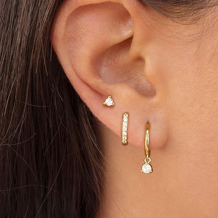 Freekiss 3 Pairs Gold Hoop Earrings Set: Dainty Stud Earrings Trendy Small 14K Gold Plated Hypoallergenic Dangle Cartilage Huggie Hoop Earrings for Women Gold Jewelry for Women Gifts