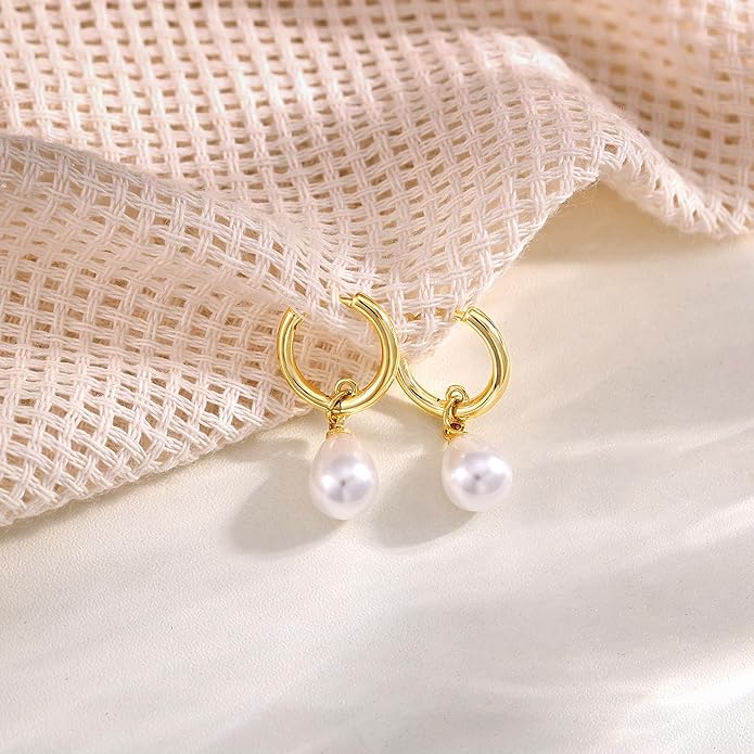 14K Gold Plated Pearl Dangle Earrings for Women, Small Pearl Drop Huggie Hoop Earrings, Hypoallergenic Dainty Gold Wedding Earrings Jewelry Gifts for Women Trendy