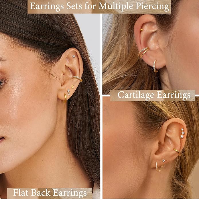 Florideco 14K Gold Plated Earrings for Women Hypoallergenic 20G Surgical Stainless Steel Flat Back Stud Earrings Dainty Stackable Earring Stacks Small Cartilage Earring Sets for Multiple Piercing