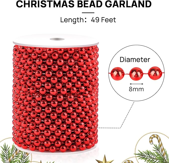 49 Feet Christmas Tree Beads Garland, 8mm Artificial Red Beaded Garland for Christmas Tree DIY, Faux Pearl Strings Bead Roll for Wreath, Wedding Party, Decoration