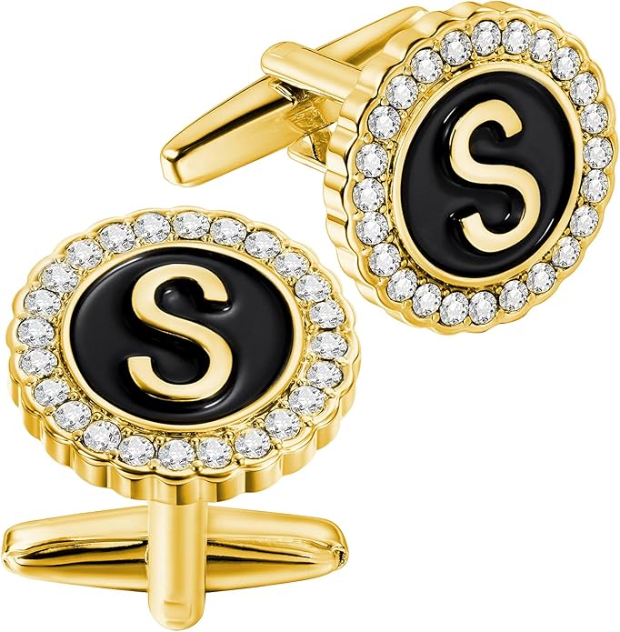 HAWSON A-Z Initial Cufflinks for Men and Women with Clear Crystal, Gold Silver Color Rasied Letter A-Z Cuff Links for French Shirt, Gift for Normal and Business Wearing