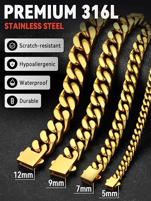 FaithHeart Mens Stainless Steel Cuban Link Bracelet - 5/7/9/12mm Width 7.5"/8.3"/9" Black/Silver/Gold Plated Heavy Duty Wrist Chain Bracelet Hip Hop Jewelry Birthday Gifts for Him