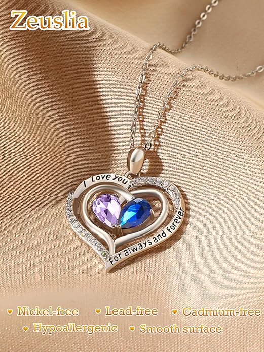 Zeuslia Double Birthstone Necklace Gifts for Wife - 925 Sterling Silver Sunflower/Rose/Crown Cross/Compass/Heart Pendant I Love You Necklace, Anniversary Birthday Gifts for Wife Girlfriend Mom Her