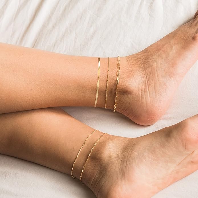 DEARMAY 14K Gold Plated Ankle Bracelets for Women Waterproof - Dainty 6Pcs Anklets Layered Cuban Link Chain Herringbone Cute Anklets Set Pack Summer Beach Jewelry Gift for Women Teen