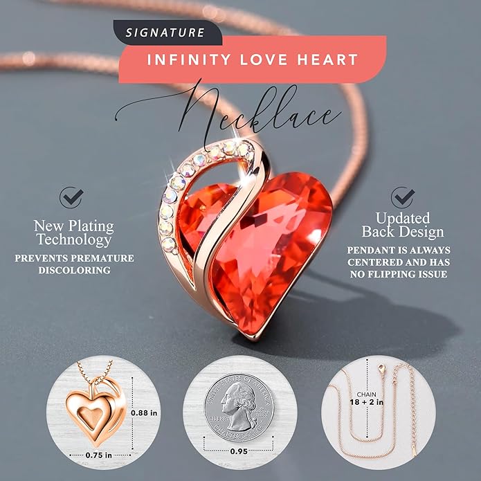 Leafael Rose Gold Plated Necklace for Women: Heart Shaped Birthstone/Healing Crystals Center, Dazzling Cubic Zirconia, Hypoallergenic Chain (18"+2"), Jewelry Gifts for Anniversaries and Birthdays
