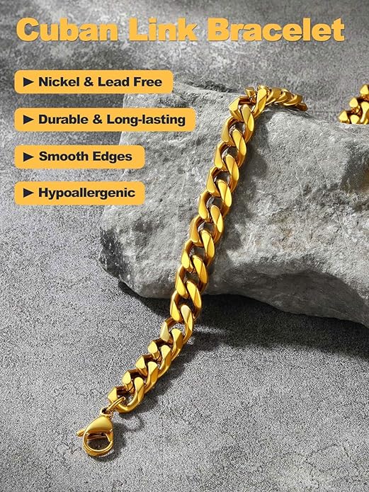 U7 Link Bracelets for Men, Cuban Link/Rope/Watch Band Solid Bracelet, Silver Black Gold Color Wrist Bracelet 3/6/9/12/15mm Width, 6.5/7.5/8.3 Inch Length, Hand Chain Jewelry for Mens Women