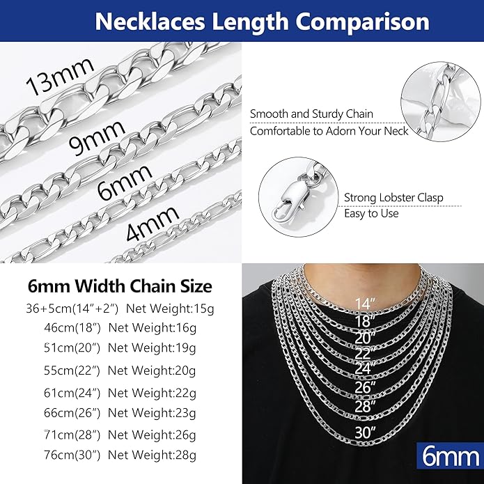 PROSTEEL 316L Stainless Steel Figaro Cuban Chain Necklace for Men, Black/18K Real Gold Plated, 4/5/6/7.5/9/10/13mm, 14inch-30inch, Come with Box