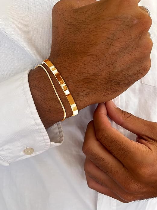 Moodear Stackable Bracelets for Men - Dainty 925 Sterling Silver/14K Gold Plated Cuff Snake Box Cuban Link Chain Bangle Bracelet Set Mens Jewelry