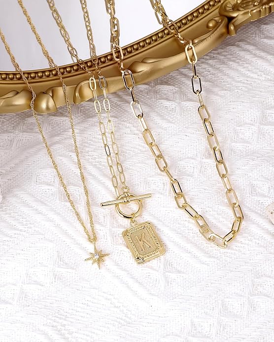 MJartoria Layered Initial Necklaces for Women Trendy, 14K Gold Plated Brass Simple Star Choker Square Letter Pendant Necklace, Paperclip Chain Necklaces Jewelry Gifts