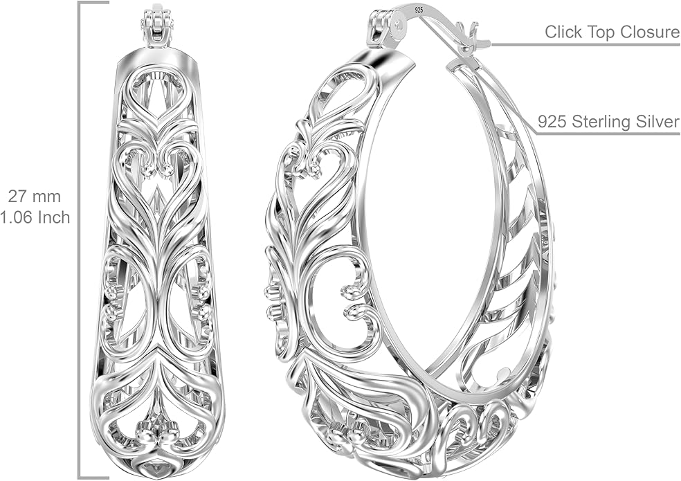 LeCalla 925 Sterling Silver Hoop Earrings | Women's Filigree Hoop Earrings | Openwork Mesh Filigree Cut Earring | Lightweight & Hypoallergenic Vintage Hoop Earrings for Women
