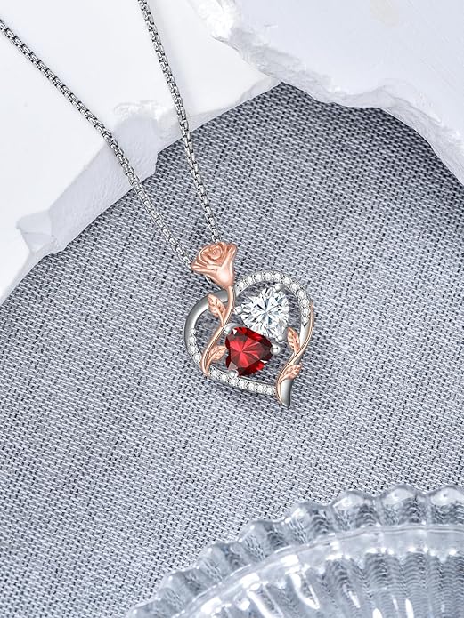 Christmas Gifts for Women Rose Heart Birthstone Pendant Necklace I Love You Forever Jewelry Valentine Mothers Day Birthday Gifts for Women Her Wife Girlfriend