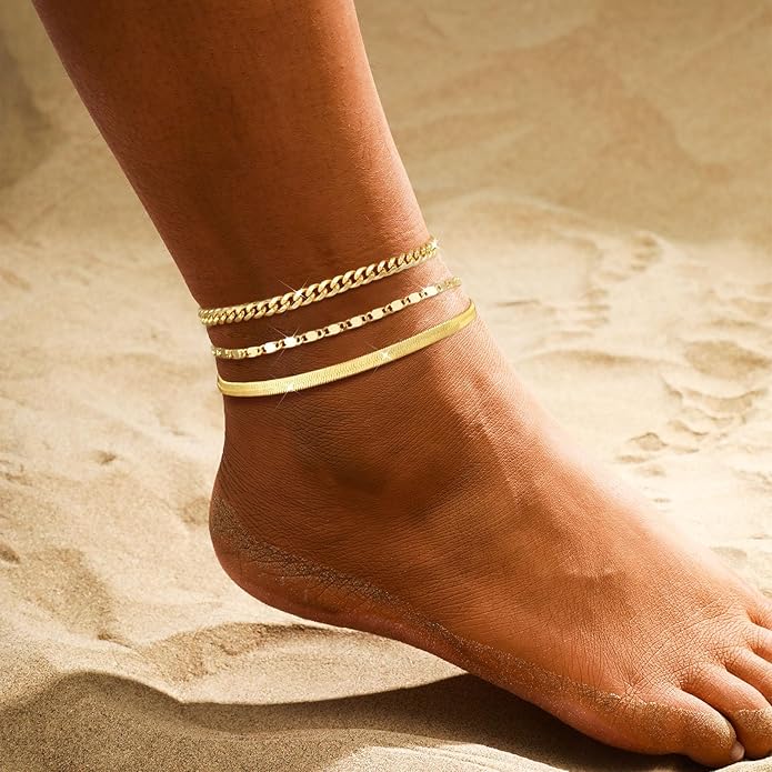 2/3 PCS Gold Anklets for Women Waterproof Cuban Link Anklet Beaded Bracelets Stackable Bracelets 14K Gold Plated Custom Jewelry Gifts Non Tarnish Lightweight