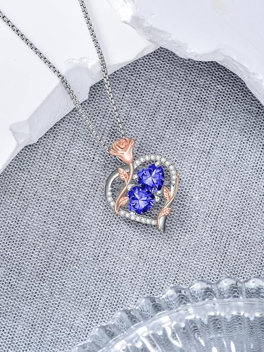 Christmas Gifts for Women Rose Heart Birthstone Pendant Necklace I Love You Forever Jewelry Valentine Mothers Day Birthday Gifts for Women Her Wife Girlfriend