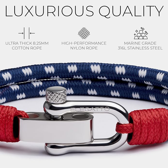 Elegatto Duetto Platinum Rope Bracelet for Men | Double Nautical Nylon Cord with Silver Polished Stainless Steel Shackle Clasp | Waterproof and Fade-Resistant