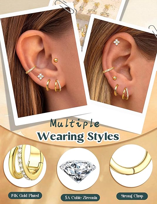 Florideco 925 Sterling Silver Earrings for Women Trendy Hypoallergenic Small Gold Hoop Earrings 14K Gold Plated Stud Earring Sets for Multiple Piercing CZ Ear Cuff Cartilage Earring Stacks