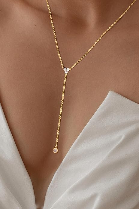 Lariat Gold Necklaces for Women Trendy Dainty Long Necklace 14k Gold Plated/Silver Layered Drop Beaded Chain Necklaces Y-shaped Pendant Necklace Simple Gold Jewelry Gifts