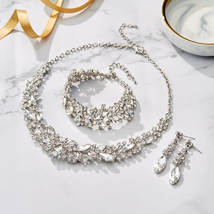 BriLove Women's Wedding Bridal Austrian Crystal Marquise Cluster Collar Necklace Dangle Earrings Set
