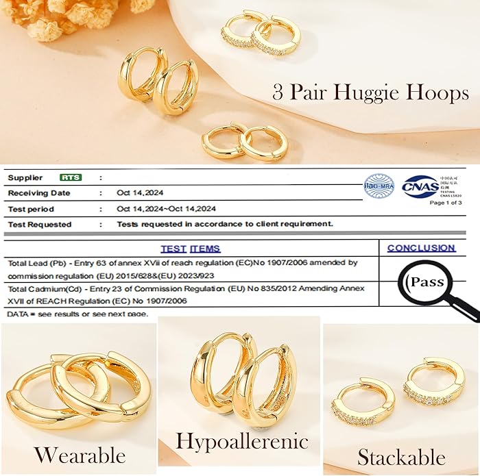 DORANA Valentines Day Gift 3 Pairs 925 Sterling Silver Earrings for Women Girls Non Tarnish Small Hypoallergenic Huggie Hoops Cartilage Stack Earring Sets for Multiple Piercing