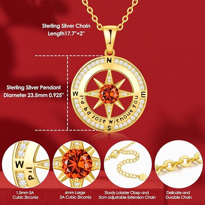 Zifeel Compass Necklace Gifts for Women wife - S925 Sterling Silver Birthstone Necklaces for Women - Anniversary Birthday Gifts for Her Wife Girlfriend - Valentines Mom Mothers Day Christmas Gifts Jewelry for Women