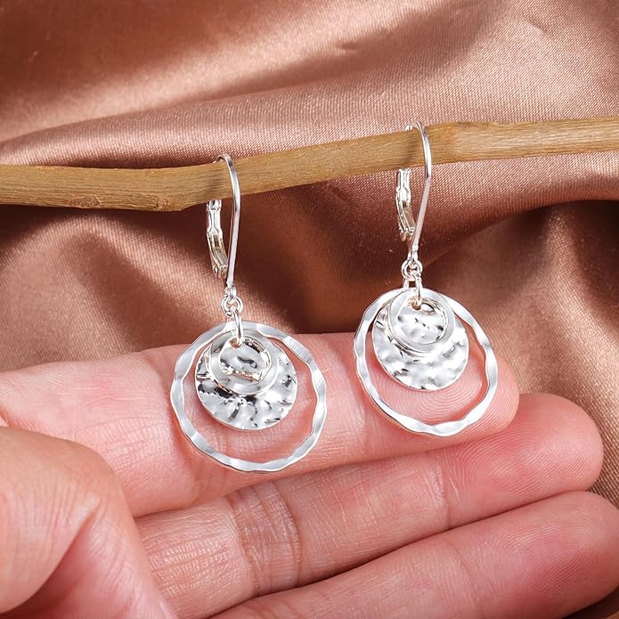 Sterling Silver Disc Leverback Earrings for Women Gold and Silver Circle Drop Dangle Earrings Jewelry Hypoallergenic Hammered Leverback Dangle Earrings for Gifts