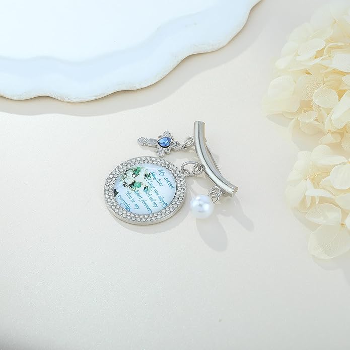 Wedding Bridal Pin, Something Blue Silver Crystal Brooch with Blue Heart Charm, Pearl Accent and Sentimental Message for Mother of Bride Gift