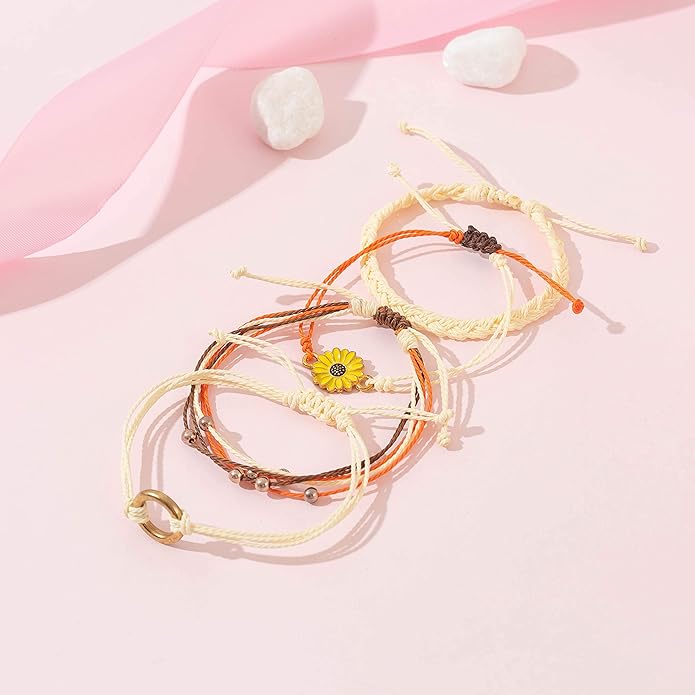 FANCY SHINY Sunflower String Bracelet Boho Braided Rope Wrap Bracelets Cute Summer Beach Surfer Jewelry for Women