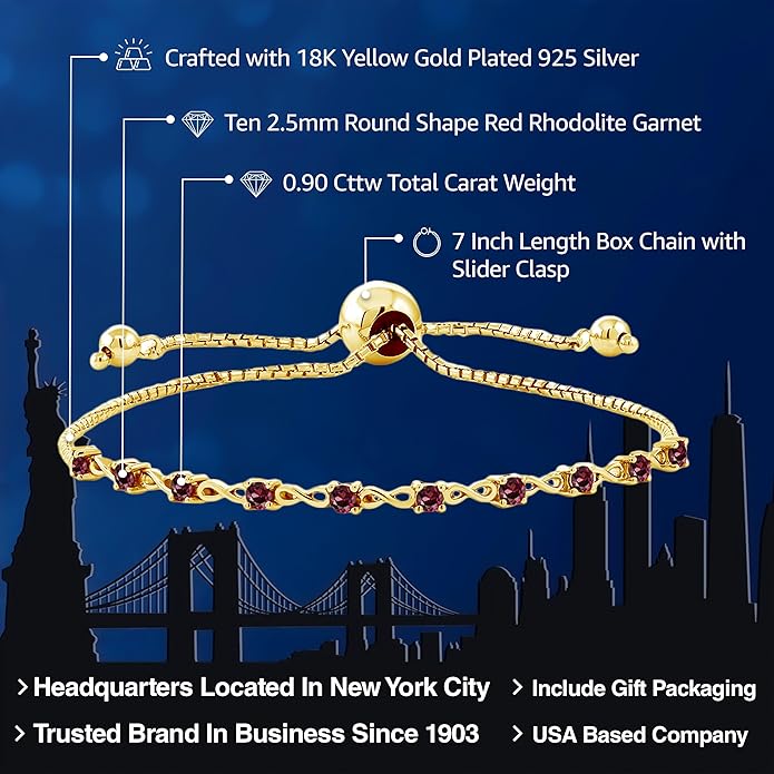 Gem Stone King Round Gemstone Birthstone Tennis Bracelet For Women | 925 Sterling Silver | 2.5MM Round | Fits Up To 9 Inch Wrist | Adjustable Bolo Bracelet For Women | Easy-On Easy-Off