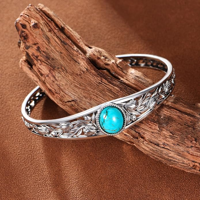 Christmas Jewelry Gift for Women-Genuine Turquoise Cuff Bracelet, Sterling Silver Western Vintage Floral Bangle Native American Jewelry, For 6.5-7.5 Inch Wrists