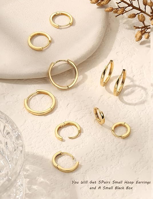 Kakonia 5 Pairs Small Sterling Silver Hoop Earrings Set for Women, 18k Gold Plated Huggie Hoop Earrings, Lightweight Hoop Earrings for Women Hypoallergenic, Cartilage Earring Sets for Multiple Piercing