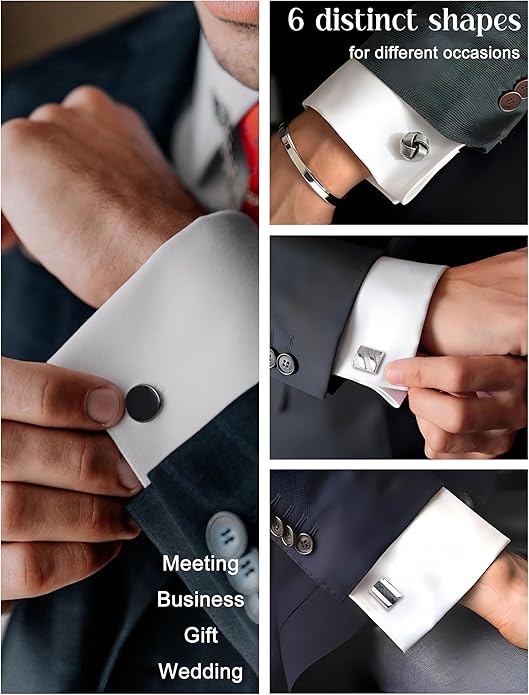 FIBO STEEL Cufflinks for Men Classic Black Cufflink Set Unique Round Square Rectangle Cuff Links for Business Shirt Formal Wedding Tuxedo Groom Suit Accessories Men Present