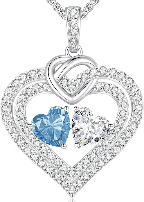 LOUISA SECRET Sparkling Double Heart Birthstone Necklaces for Women, 925 Sterling Silver Fine Jewelry, Pendant Heart Necklaces Birthday Anniversary Christmas Gift for Women Wife Mom Girlfriend Lady