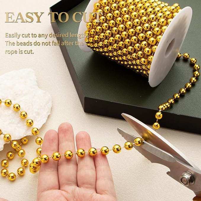 8mm Pearl Garland, 33 Feet Faux Pearl Garland Spool Roll for Wedding Centerpiece Backdrop Christmas Tree and Flowers Decoration DIY Craft (Gold)