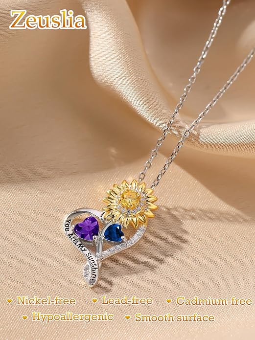 Zeuslia Double Birthstone Necklace Gifts for Wife - 925 Sterling Silver Sunflower/Rose/Crown Cross/Compass/Heart Pendant I Love You Necklace, Anniversary Birthday Gifts for Wife Girlfriend Mom Her